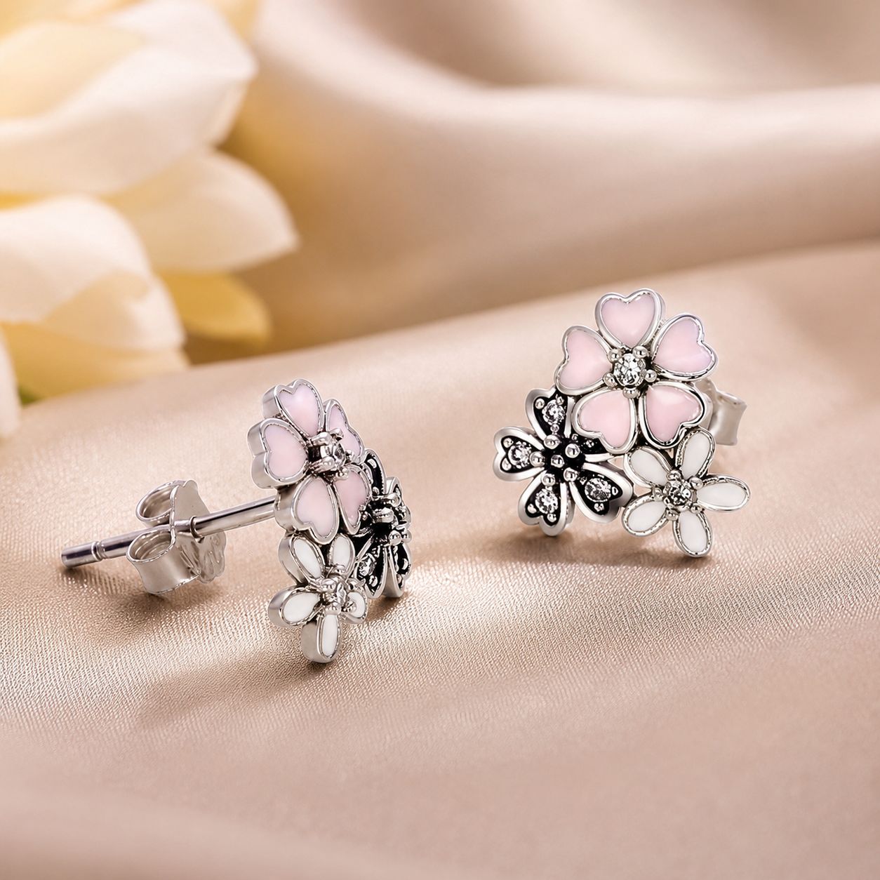 925 Sterling Silver Earrings with Pavé Setting, Oxidized Silver, Enamel - 1.0 x 1.1 cm for Women