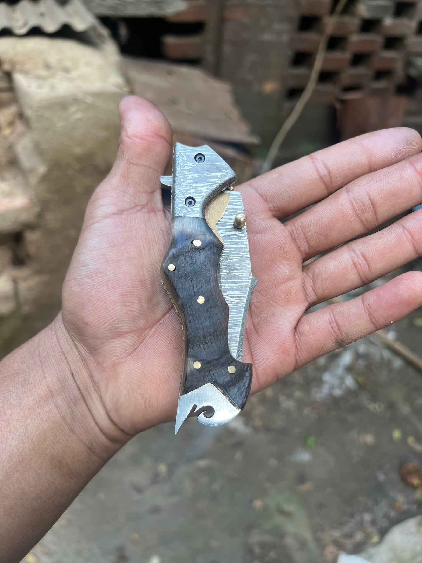 Grithorn Damascus Folder 7" Handmade Horn Handle Lock Back Mechanism