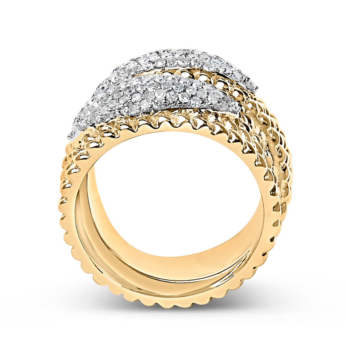 14K Yellow Gold Plated Silver 1.0 Cttw Diamond Cluster Crossover Ring Band