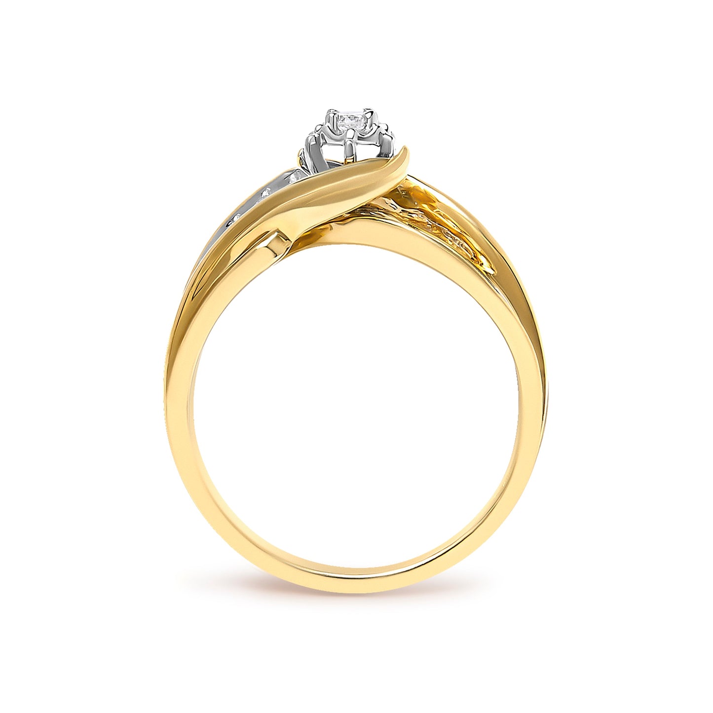 14K Yellow Gold 1/4 Cttw Round Diamond Wave Motif Bypass Ring