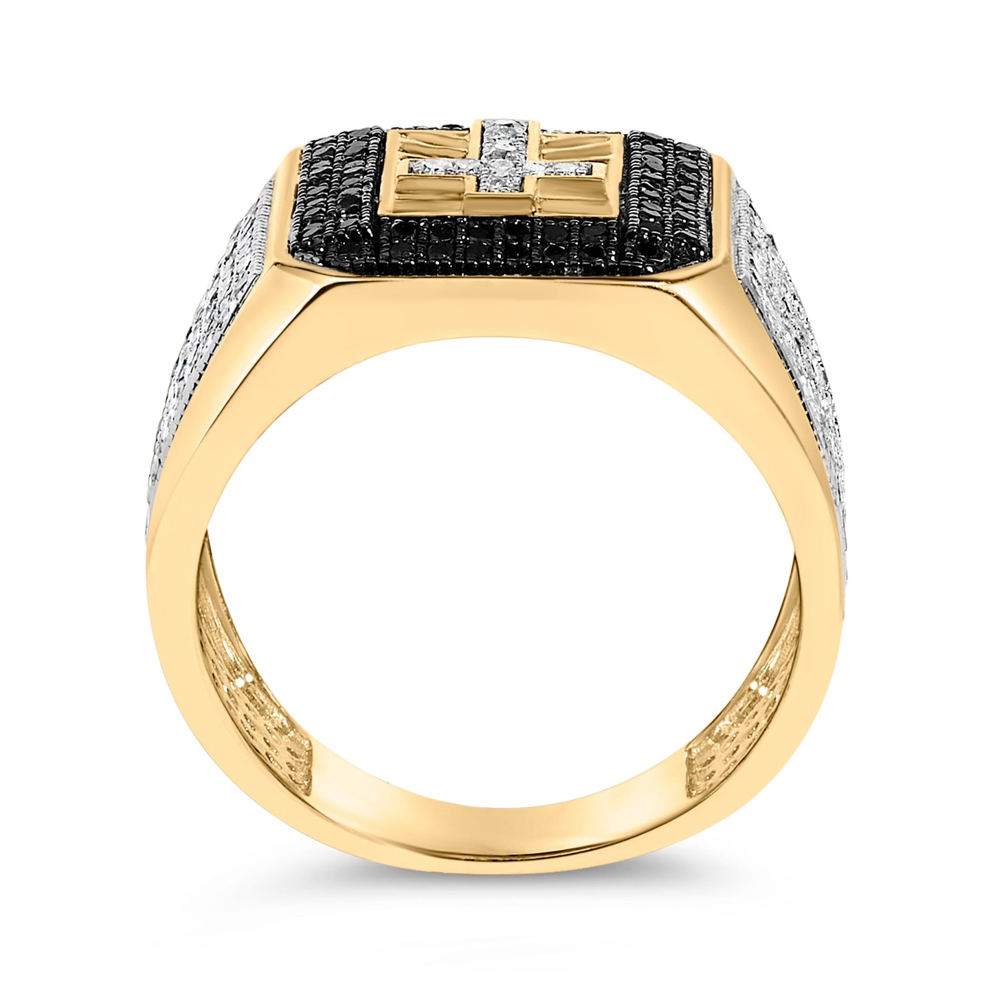 Men's 10K Yellow Gold 1 1/2 Cttw White and Black Diamond Cross Signet Ring