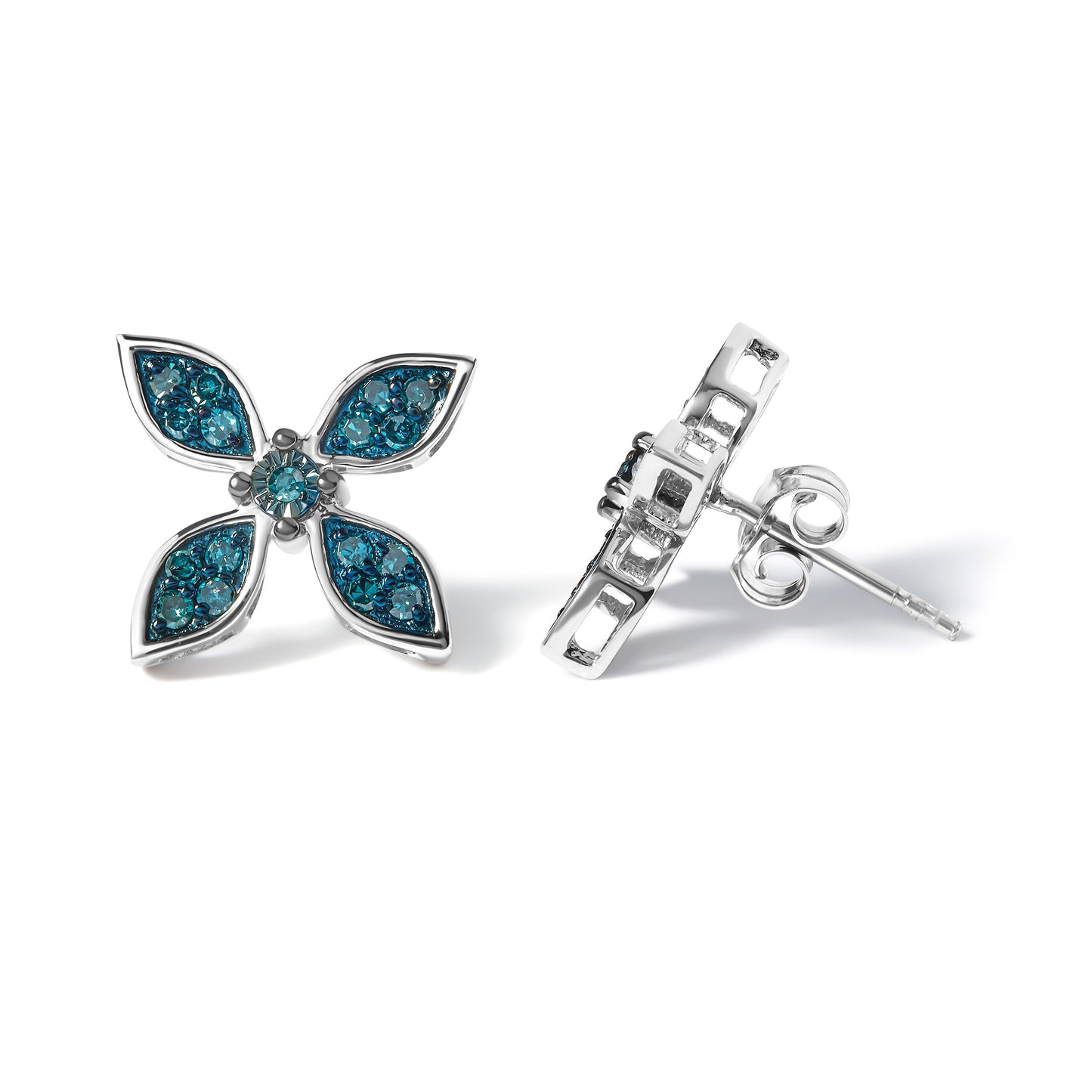 .925 Sterling Silver 1/3 Cttw Blue Diamond Floral Earrings