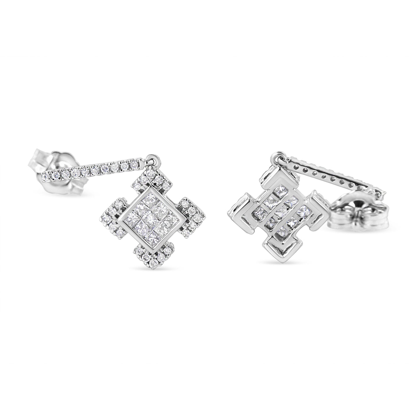10K White Gold Princess and Round Diamond Geometric Composite Dangle Earrings