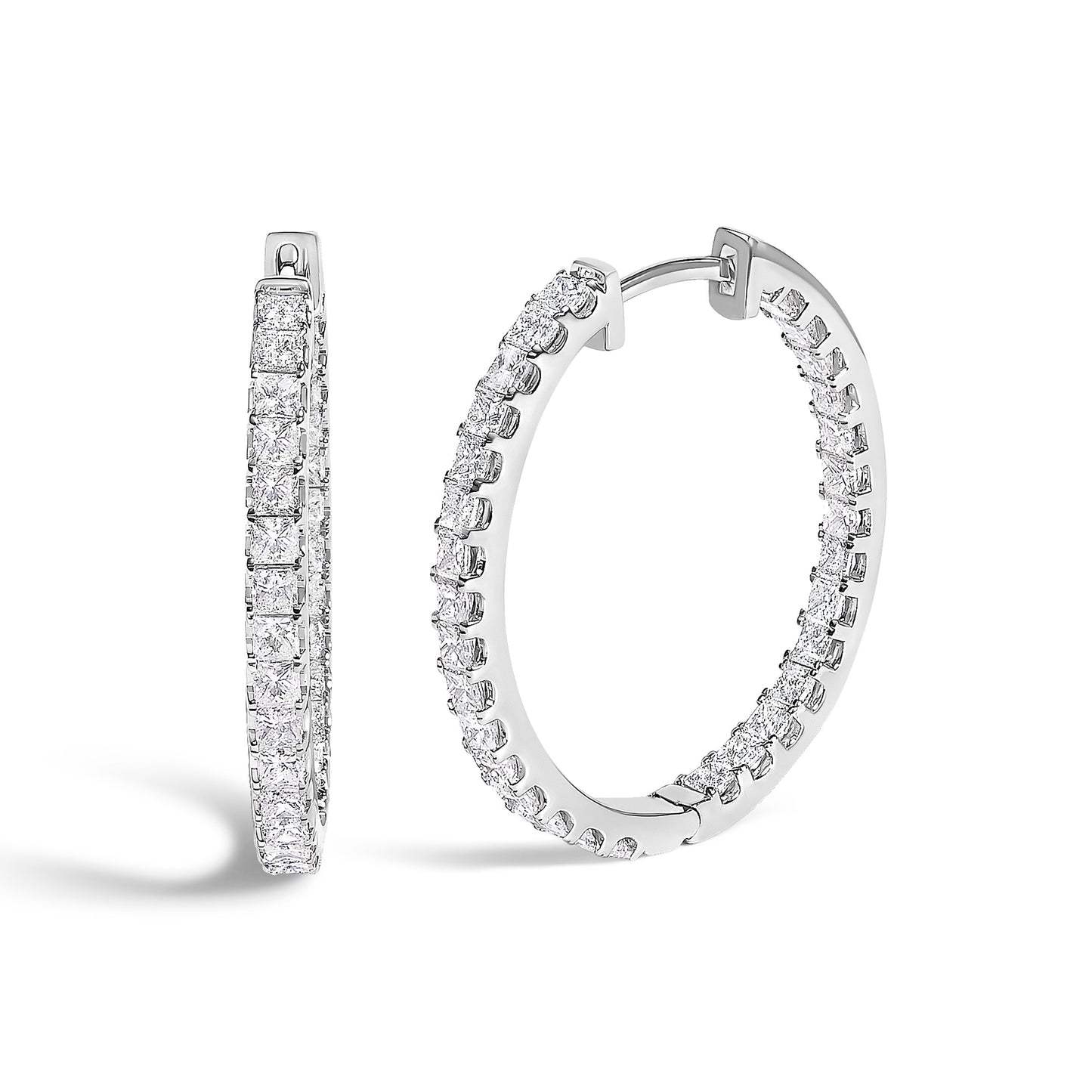 14K White Gold 2.00 Cttw Princess Diamond Inside Out Elongated Hoop Earrings