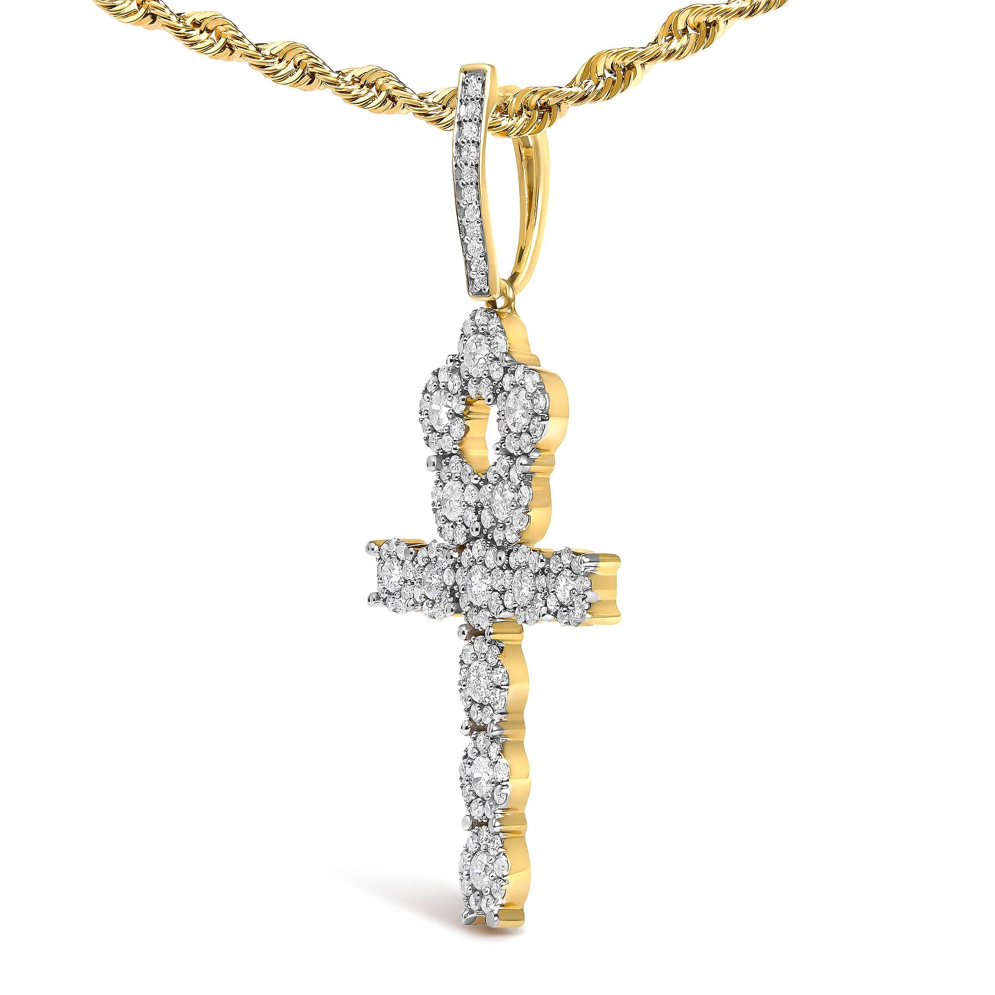 Men's 10K Yellow Gold 1 3/4 Cttw Diamond Cluster Ankh Cross Pendant Necklace - 18" Inches