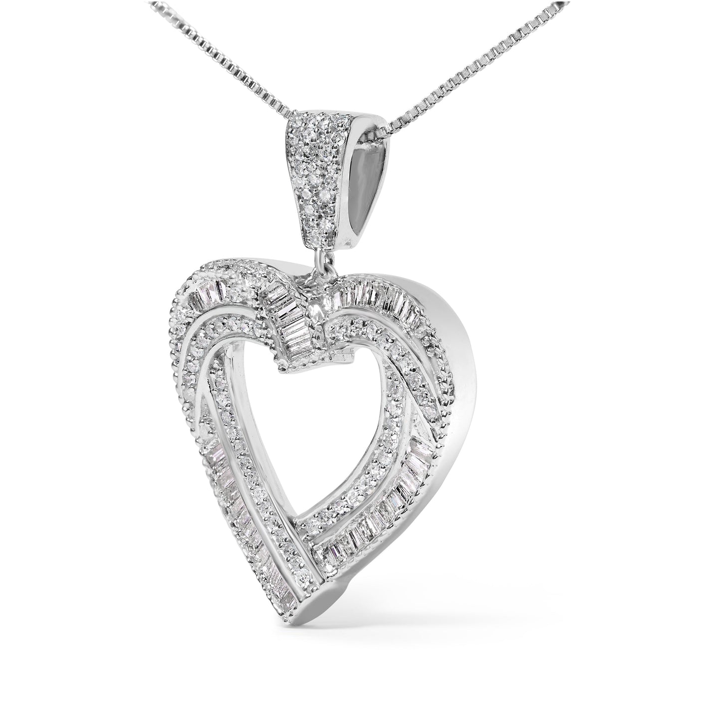 .925 Sterling Silver 1.00 Cttw Baguette and Round Diamond Open Heart Pendant Necklace