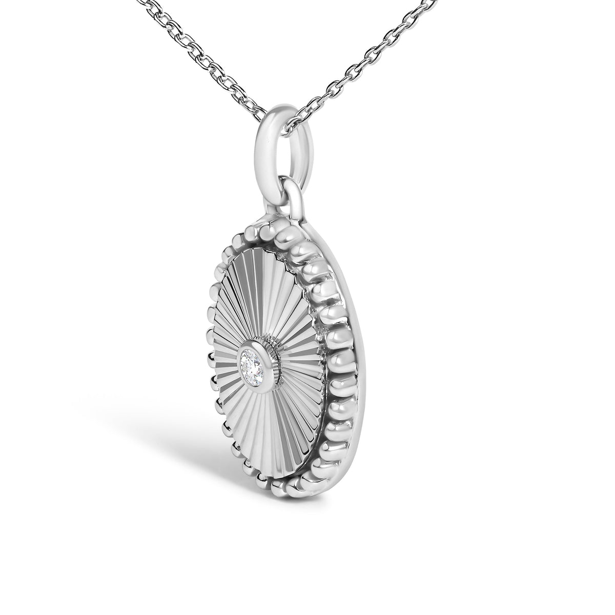 14K White Gold Diamond Accent Oval Fluted Medallion Pendant Necklace