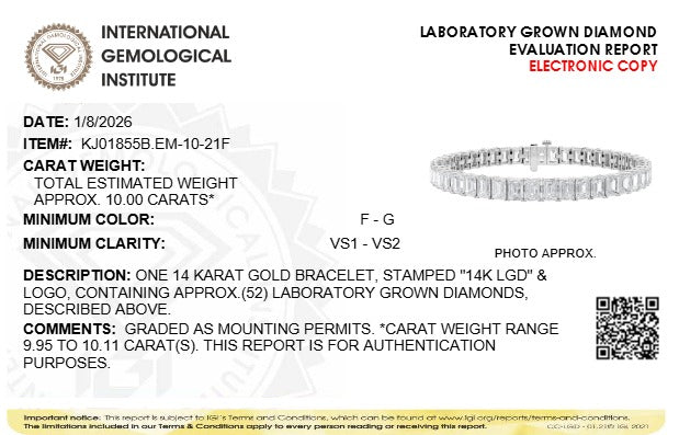 IGI Certified 14K White Gold 10.0 Cttw Emerald Cut Lab Grown Diamond Tennis Bracelet