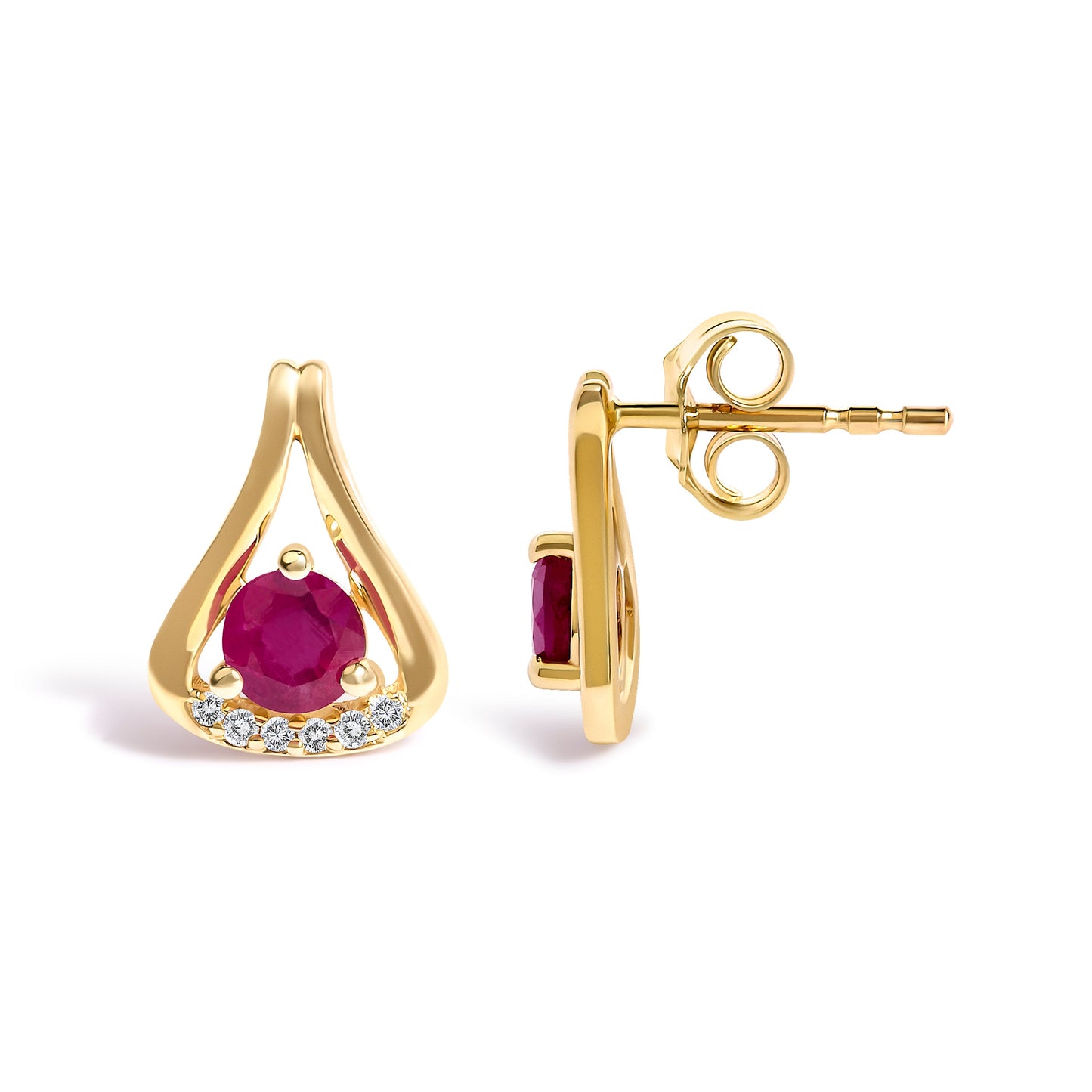 14K Yellow Gold Red Ruby and Diamond Accent Teardrop Stud Earrings