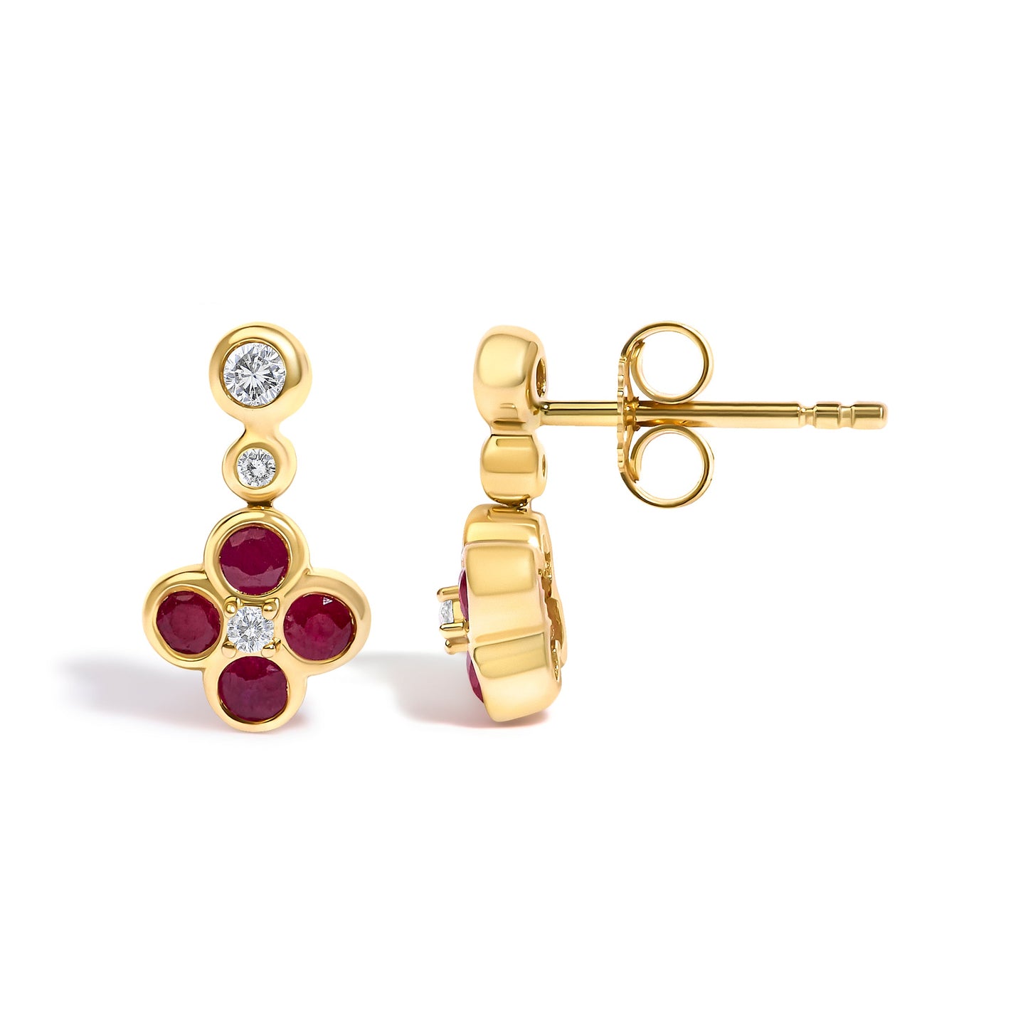 14K Yellow Gold 1/10 Cttw Diamond and Ruby Floral Dangle Earrings