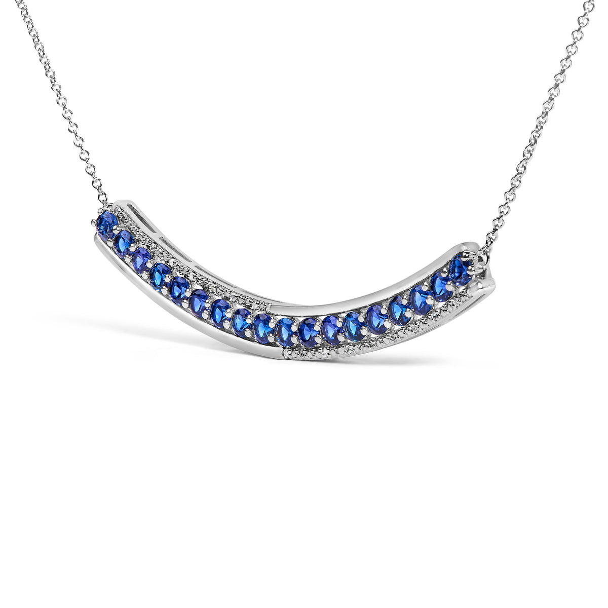 .925 Sterling Silver Diamond Accent and Round Blue Sapphire Gemstone Necklace