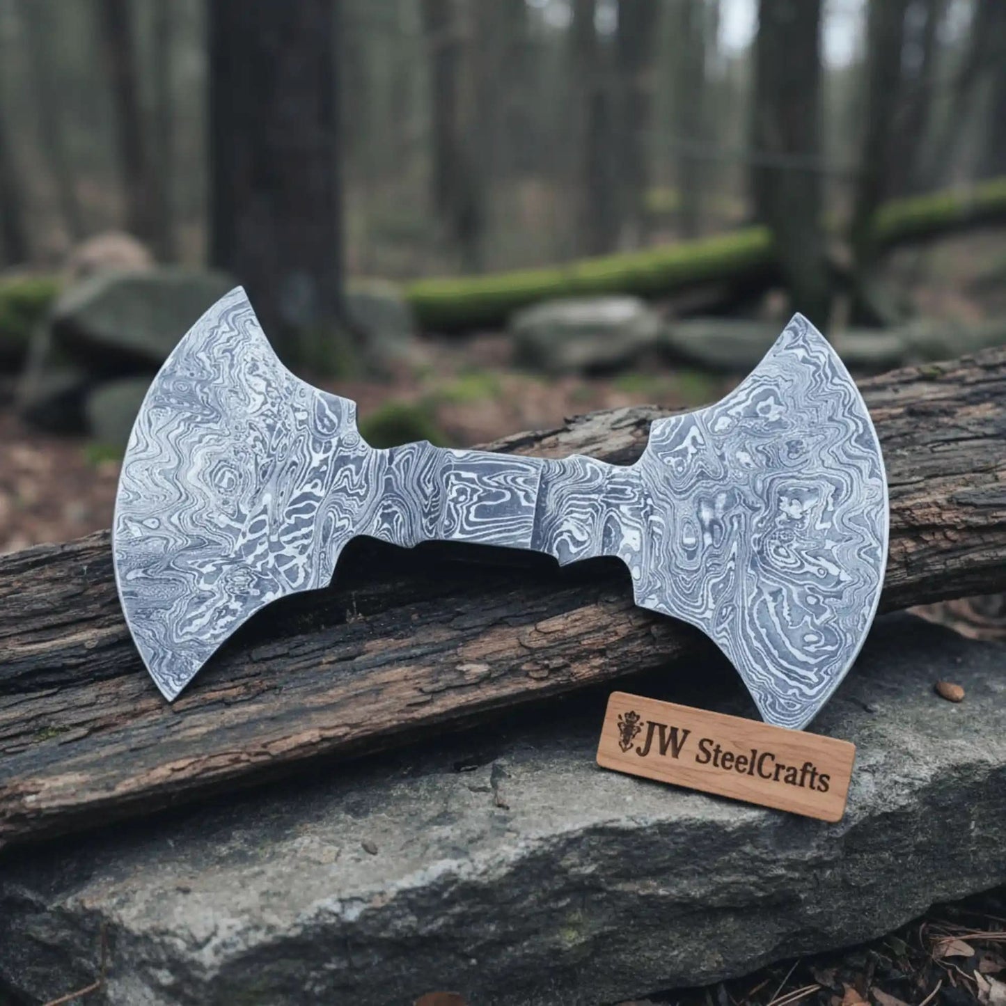 Duskraven Double-Bit Damascus Axe Handmade 9 Inch Forged Steel Head