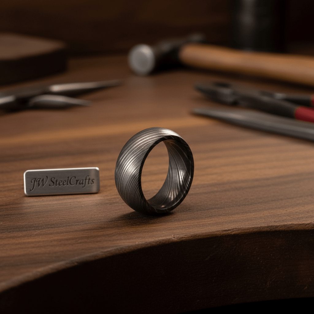 Domed Twist Damascus Wedding Band with Diagonal Spiral Pattern