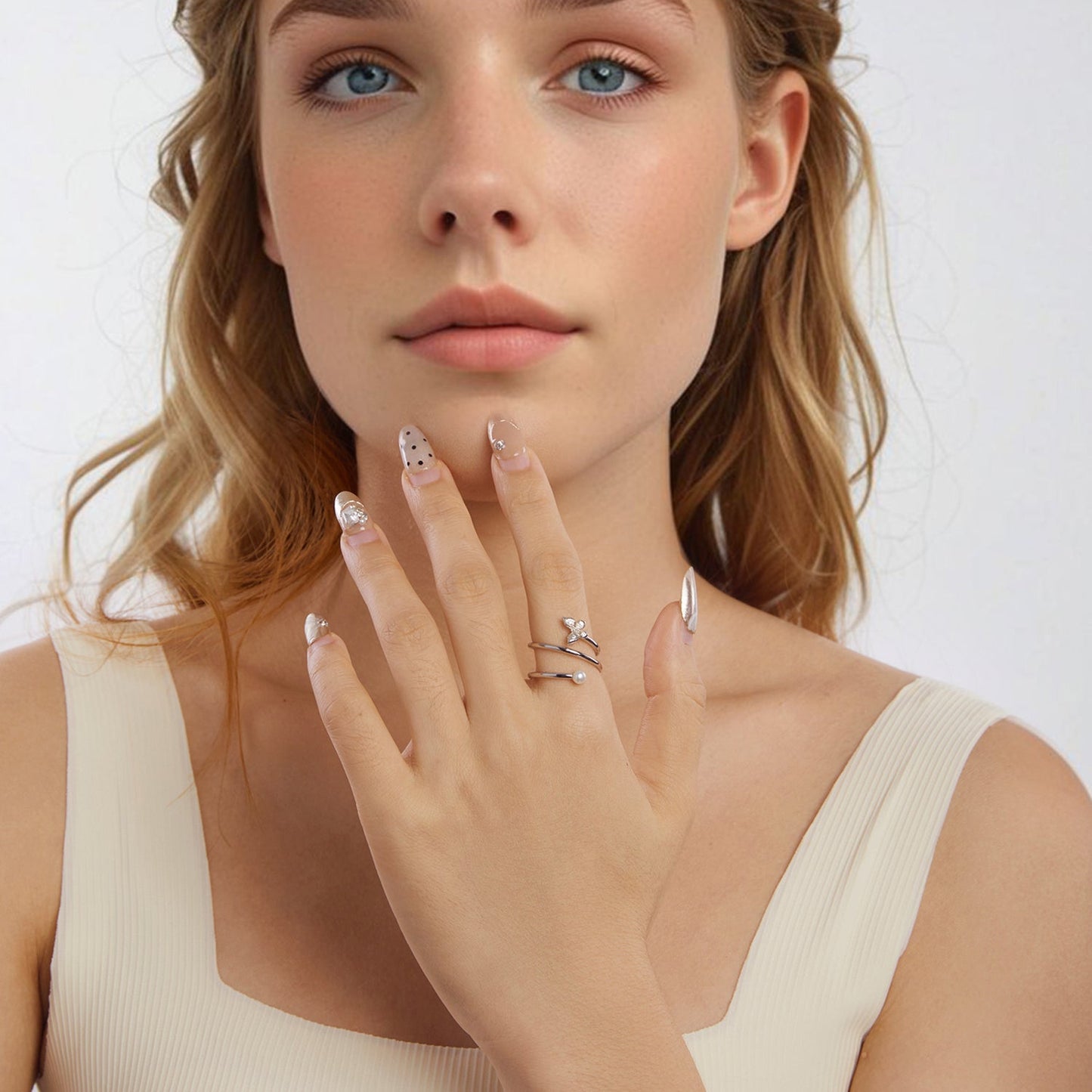 925 Sterling Silver & White Gold Plated Pave Setting CZ & Natural Pearl Ring for Women