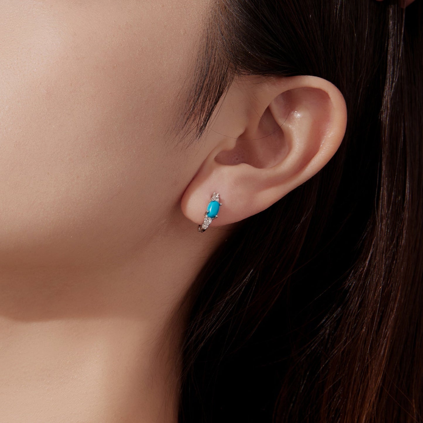 925 Sterling Silver Earrings with Synthetic Turquoise and CZ, White Gold Plated, 1.0cm Hoop for Women