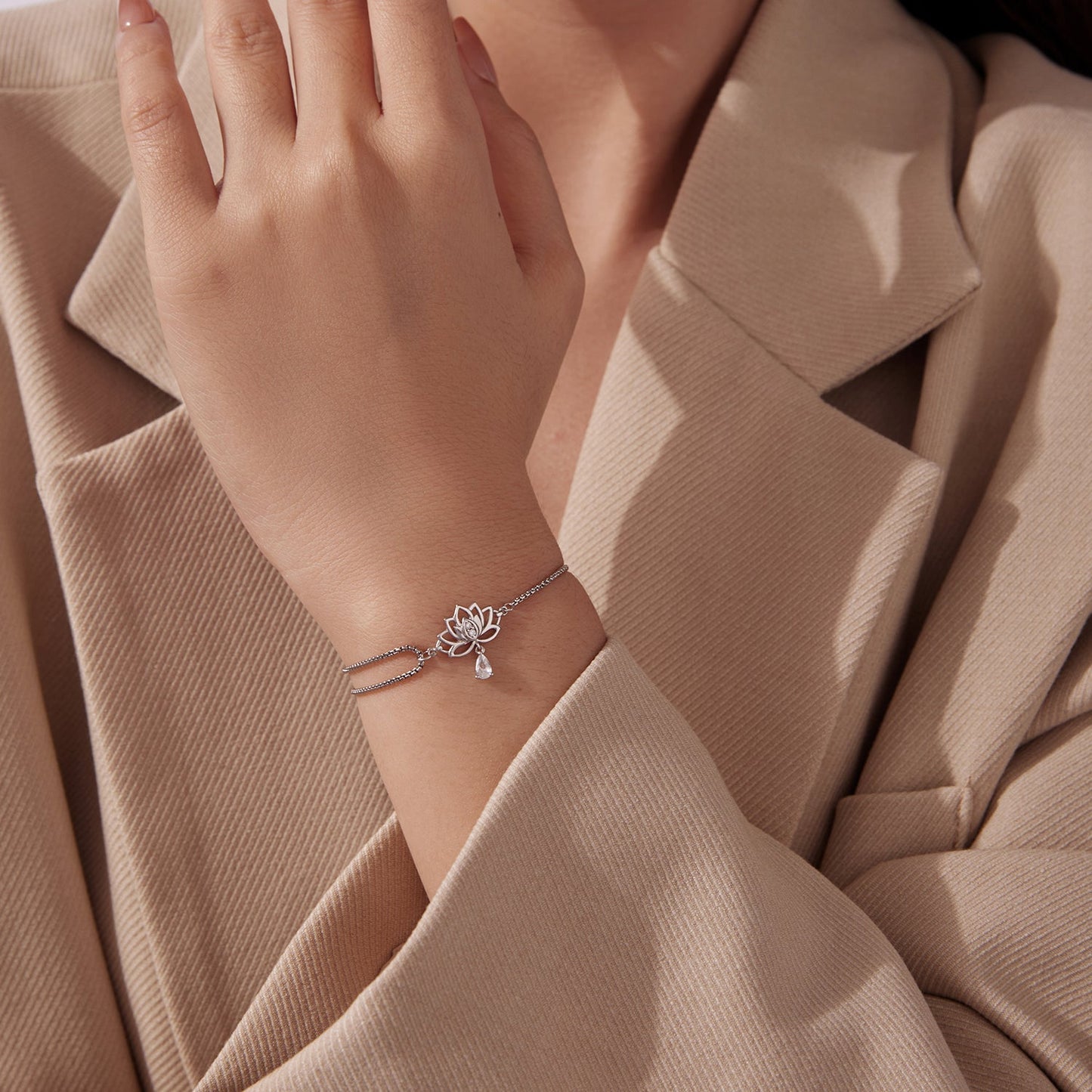 925 Sterling Silver Adjustable Chain Bracelet with White Gold Plating and CZ for Women
