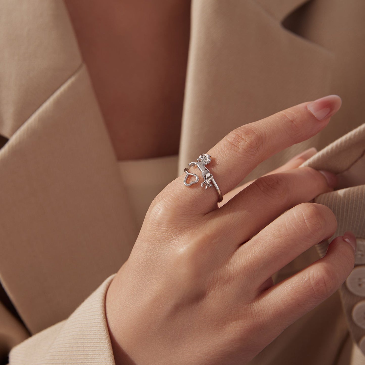 925 Sterling Silver + Plated White Gold Horse Ring
