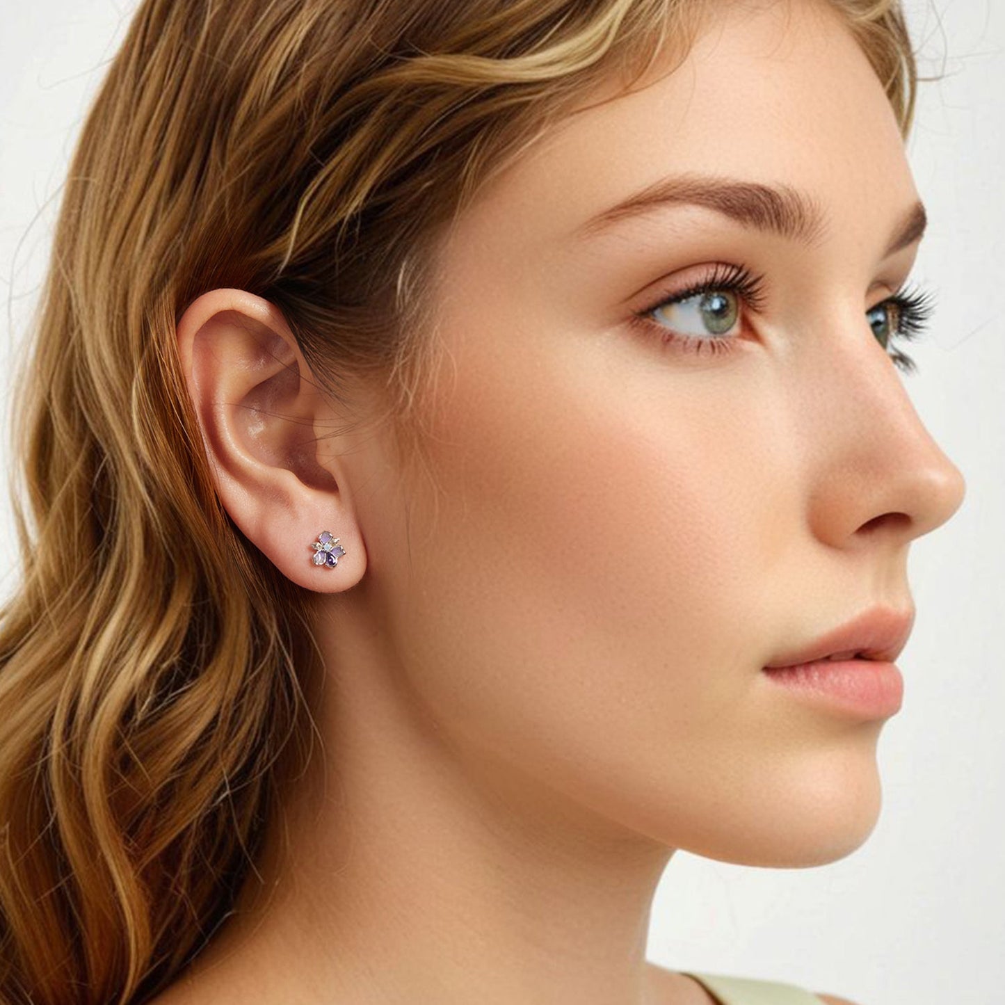 925 Sterling Silver Earrings with Nano Opal Stone and CZ, White Gold Plated, 0.7cm, for Women