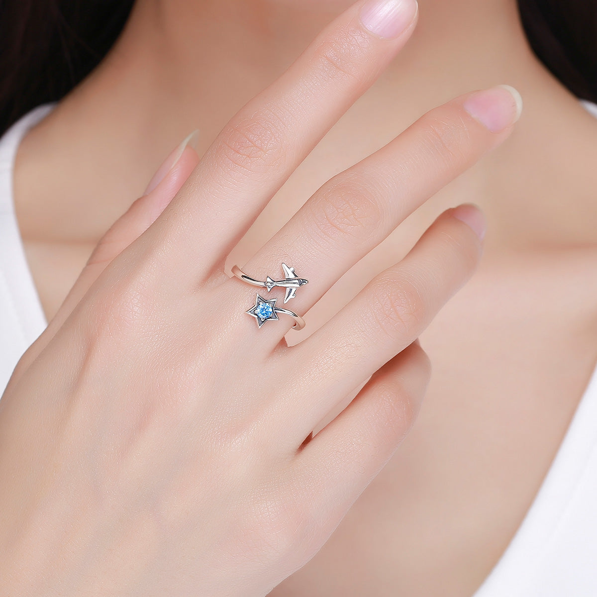 S925 Sterling Silver Star and Airplane Ring Set for Women