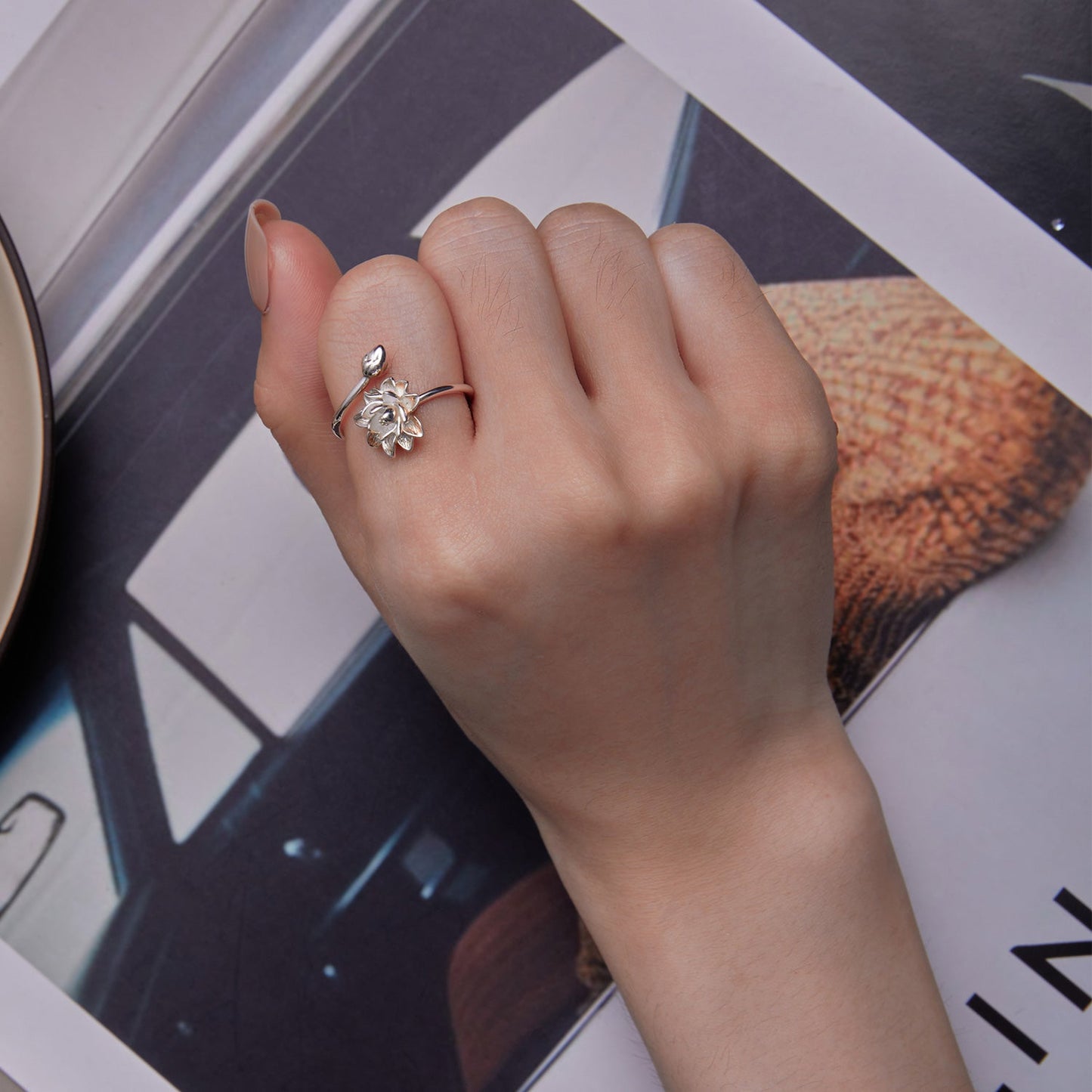 925 Sterling Silver Adjustable Flower Ring for Women