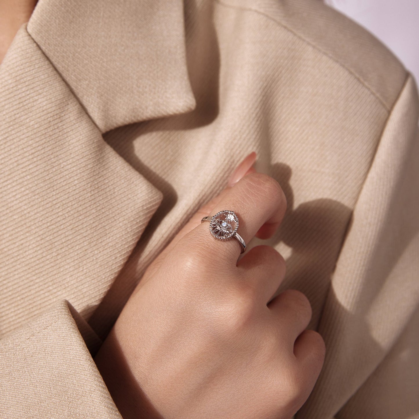 925 Sterling Silver Ring with Transparent Glass & Nano Opal, Width 0.18cm, Style E, for Women