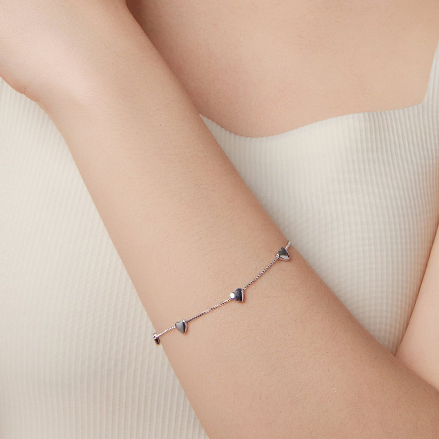 925 Sterling Silver Plated White Gold 17+3.5cm Heart-Shaped Bracelet for Women