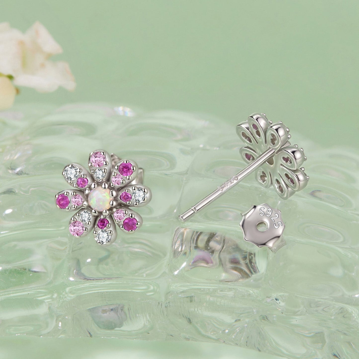 925 Sterling Silver Earrings with Synthetic Opal and CZ