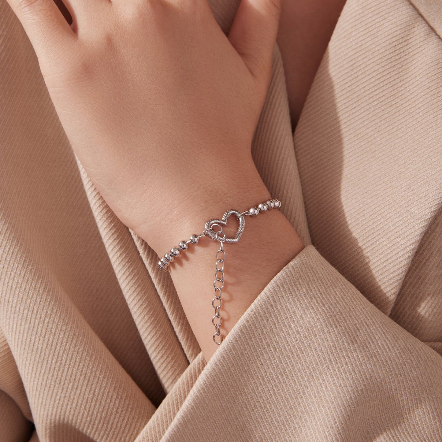 925 Sterling Silver 16+5cm White Gold Plated Heart Bracelet for Women