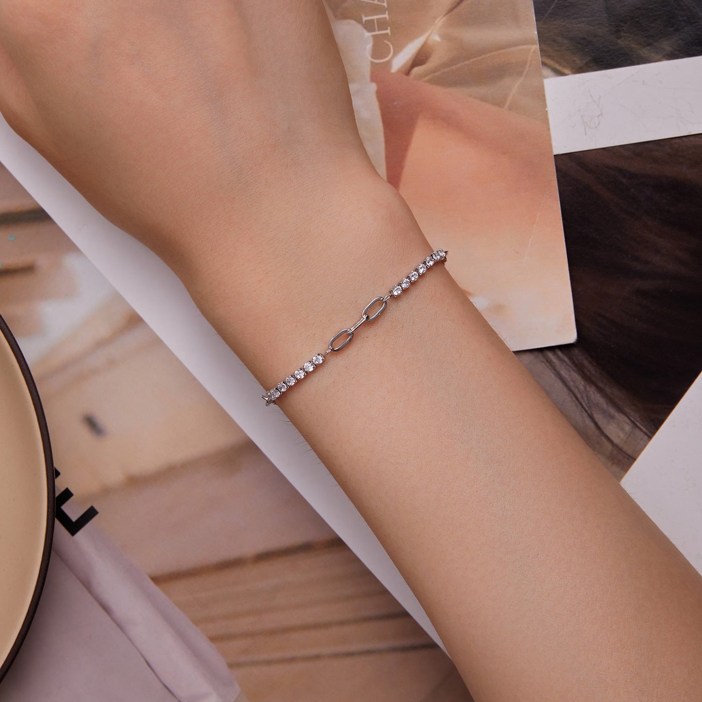 925 Sterling Silver Bracelet with Pavé Setting CZ, Platinum Plated, 14.5+3cm, for Women