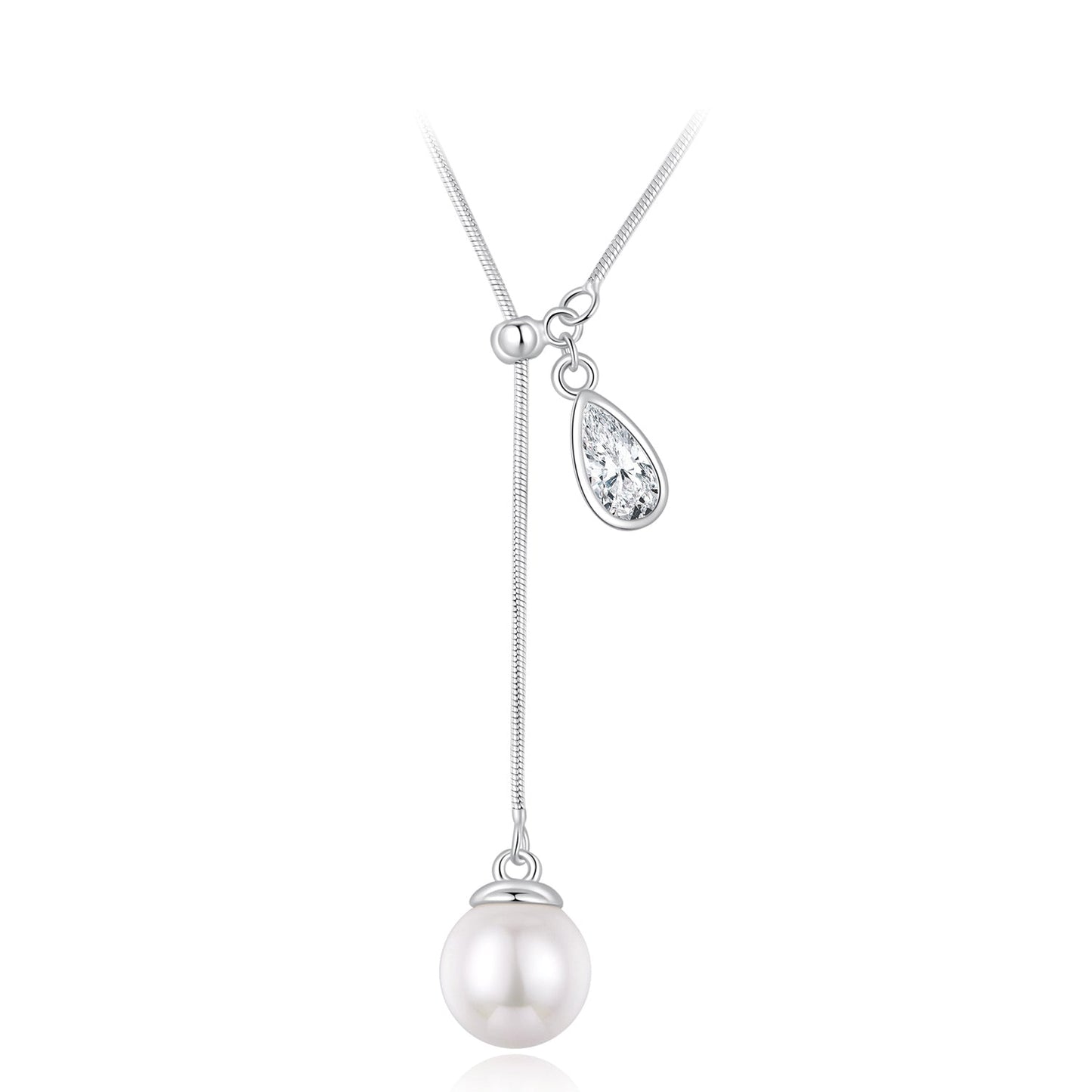 925 Sterling Silver Necklace with Synthetic Pearl and CZ in White Gold, 48+5cm for Women