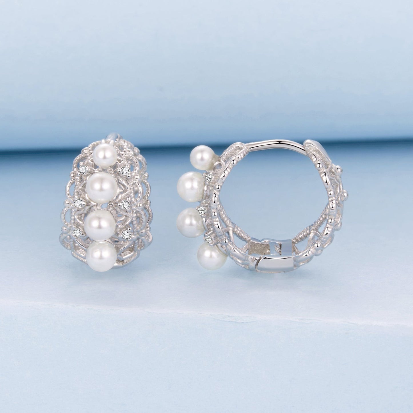925 Sterling Silver Hoop Earrings with Synthetic Pearl and CZ, 1.1cm for Women