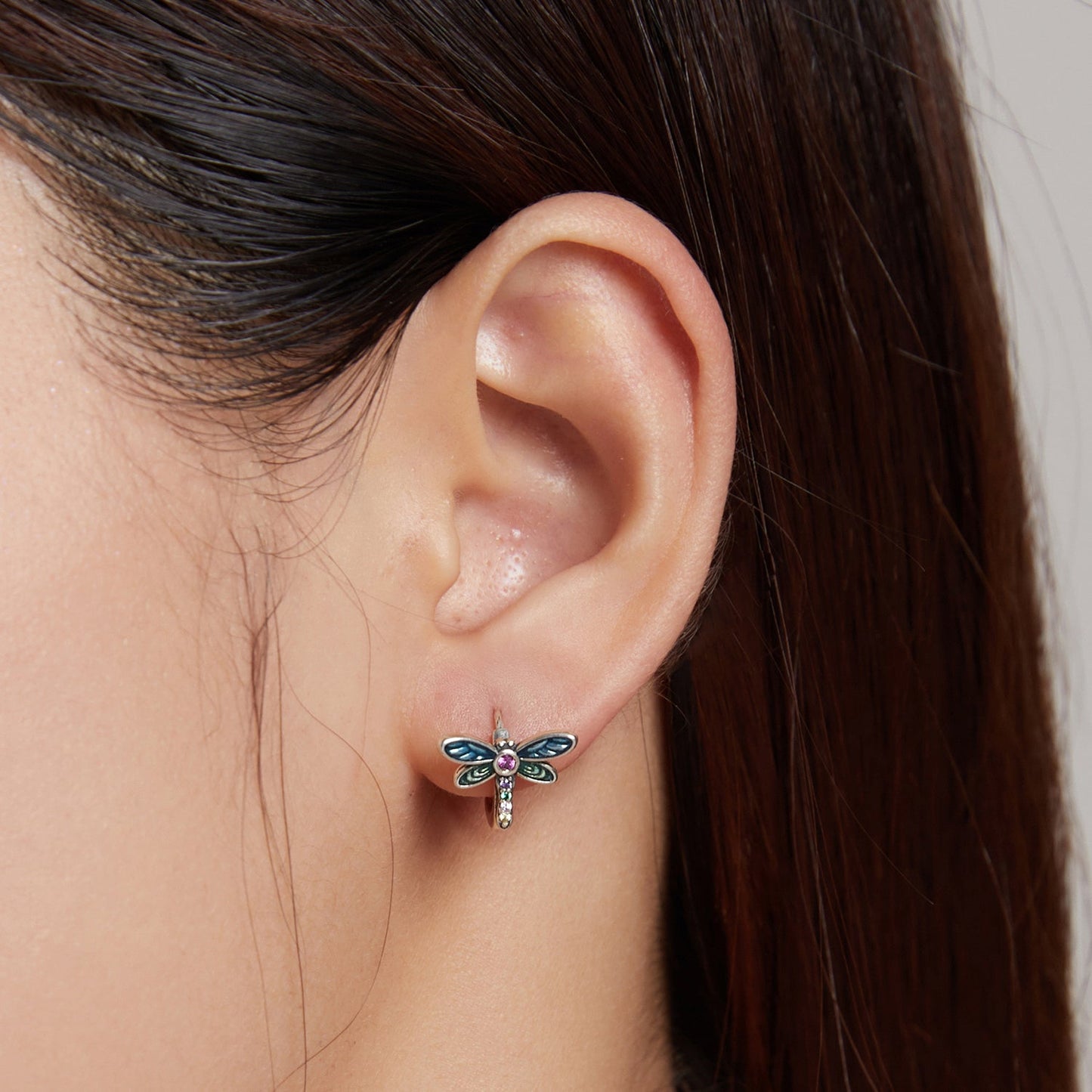 925 Sterling Silver Dragonfly Earrings with CZ and Enamel - 0.9 cm for Women