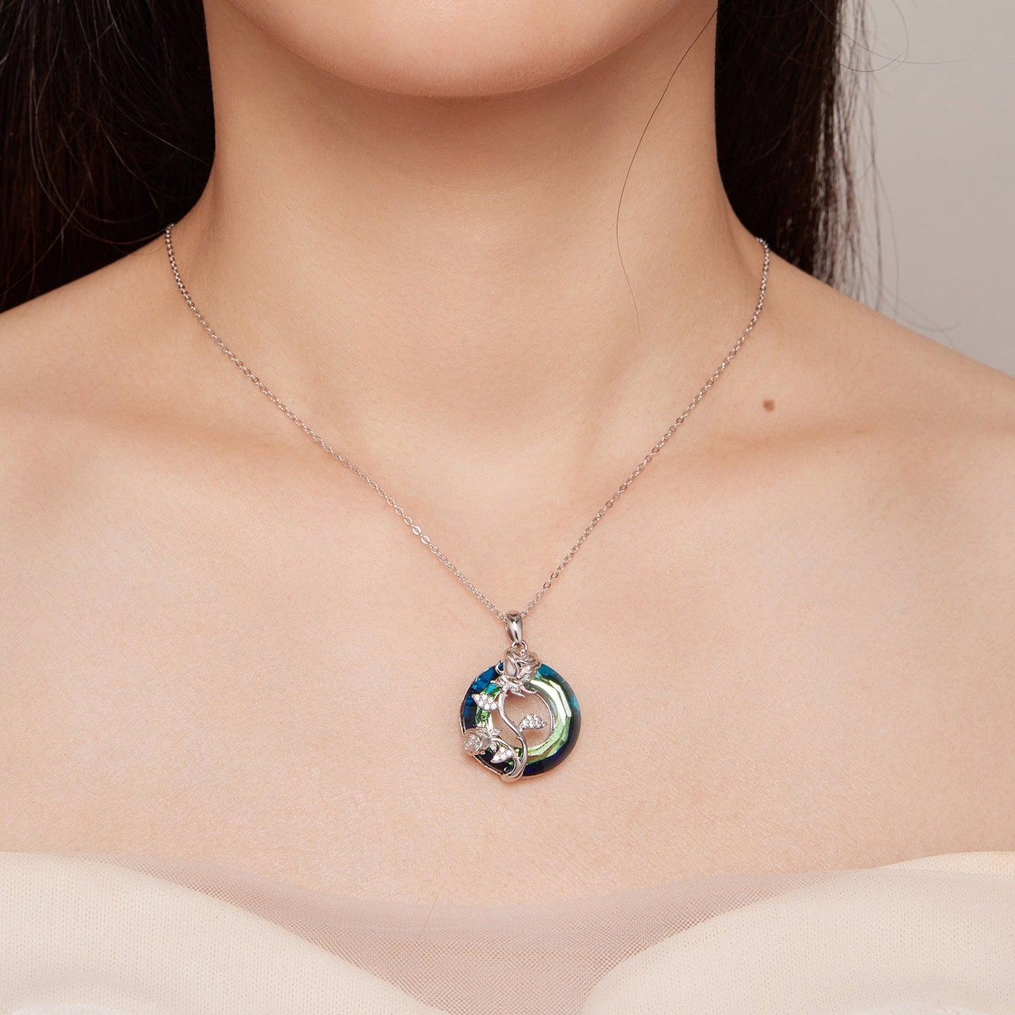 925 Sterling Silver Necklace with Pavé Setting CZ and Transparent Glass, 450mm for Women