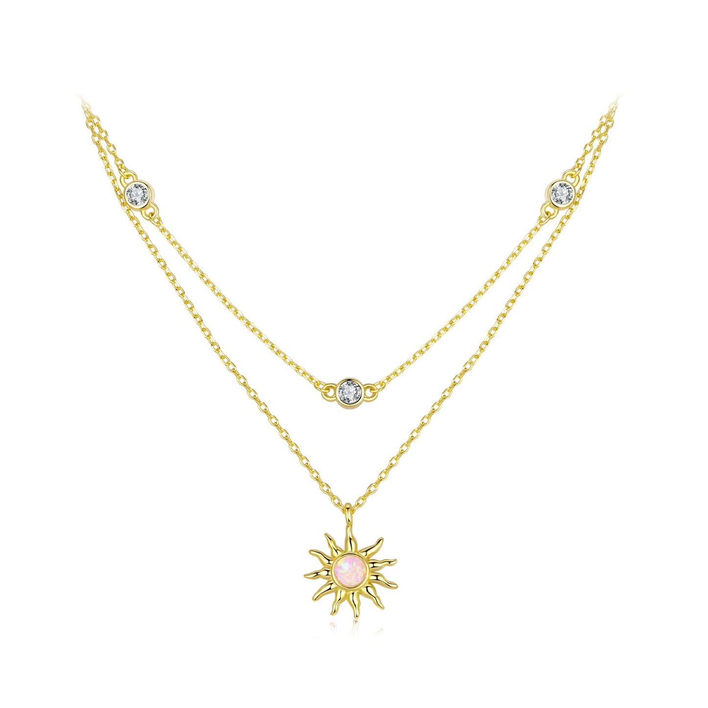 925 Sterling Silver Necklace with Synthetic Opal and CZ, 44cm Adjustable, Gold Plated for Women
