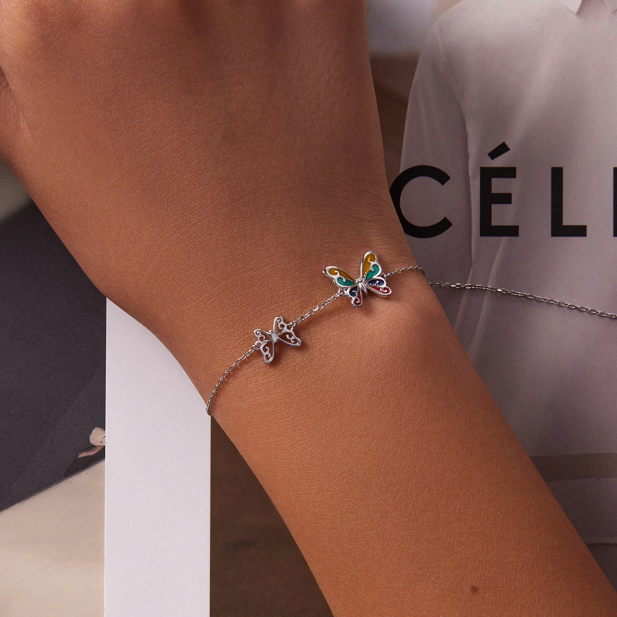 925 Sterling Silver Adjustable Butterfly Enamel Bracelet for Women