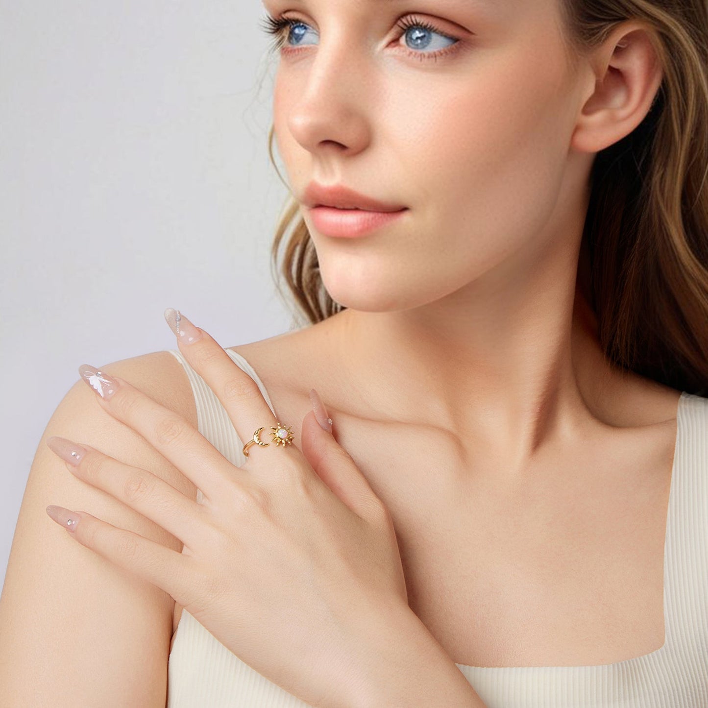 925 Sterling Silver Gold Plated Ring with Synthetic Opal Sun & Moon for Women