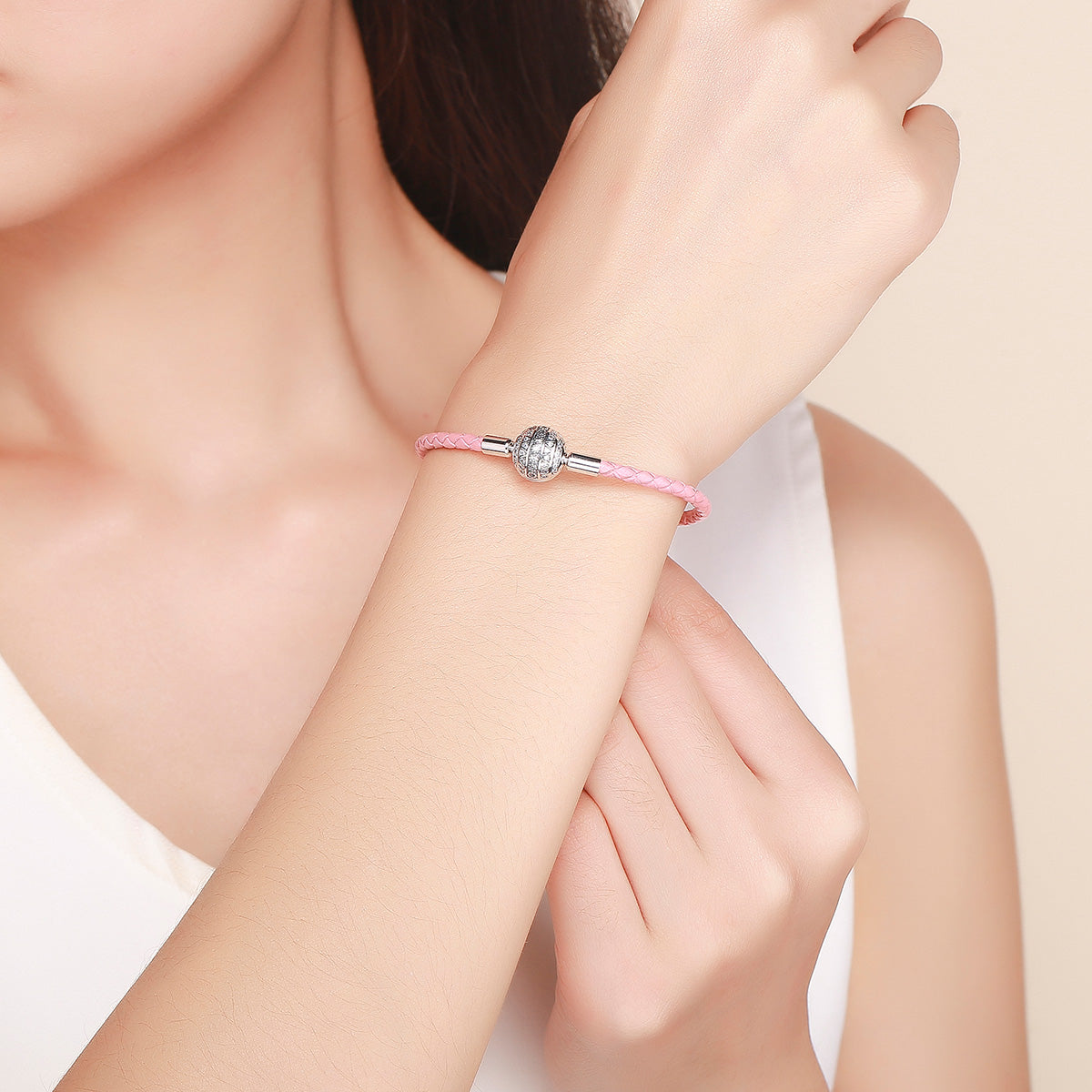 925 Sterling Silver Pavé Setting CZ Bracelet with Genuine Leather for Women