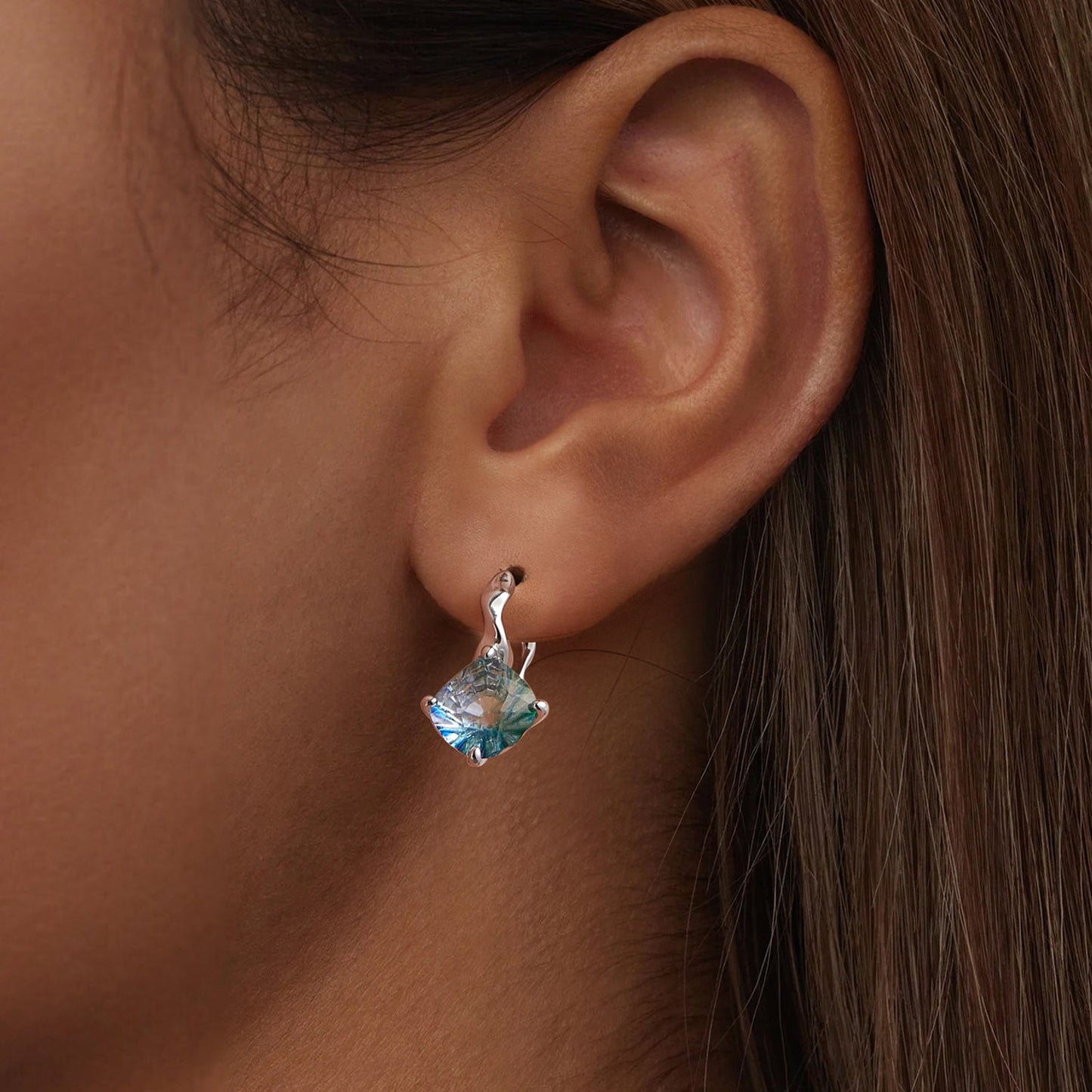 925 Sterling Silver Earrings with Transparent Glass and White Gold Plating for Women