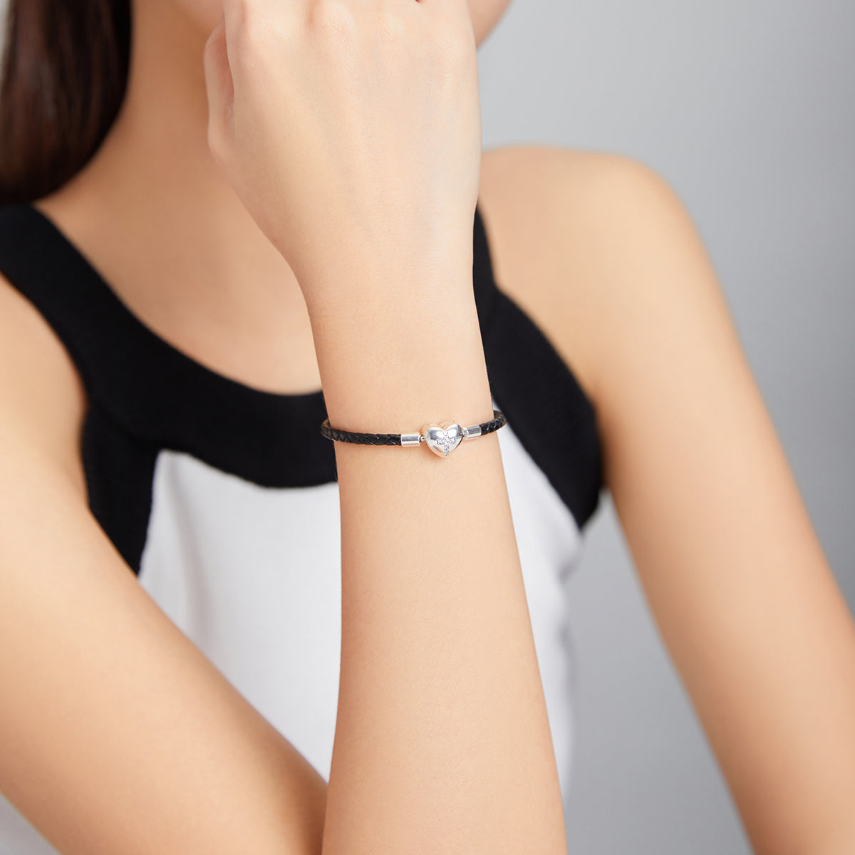 925 Sterling Silver Leather 17cm Bracelet with Oxidized CZ for Women