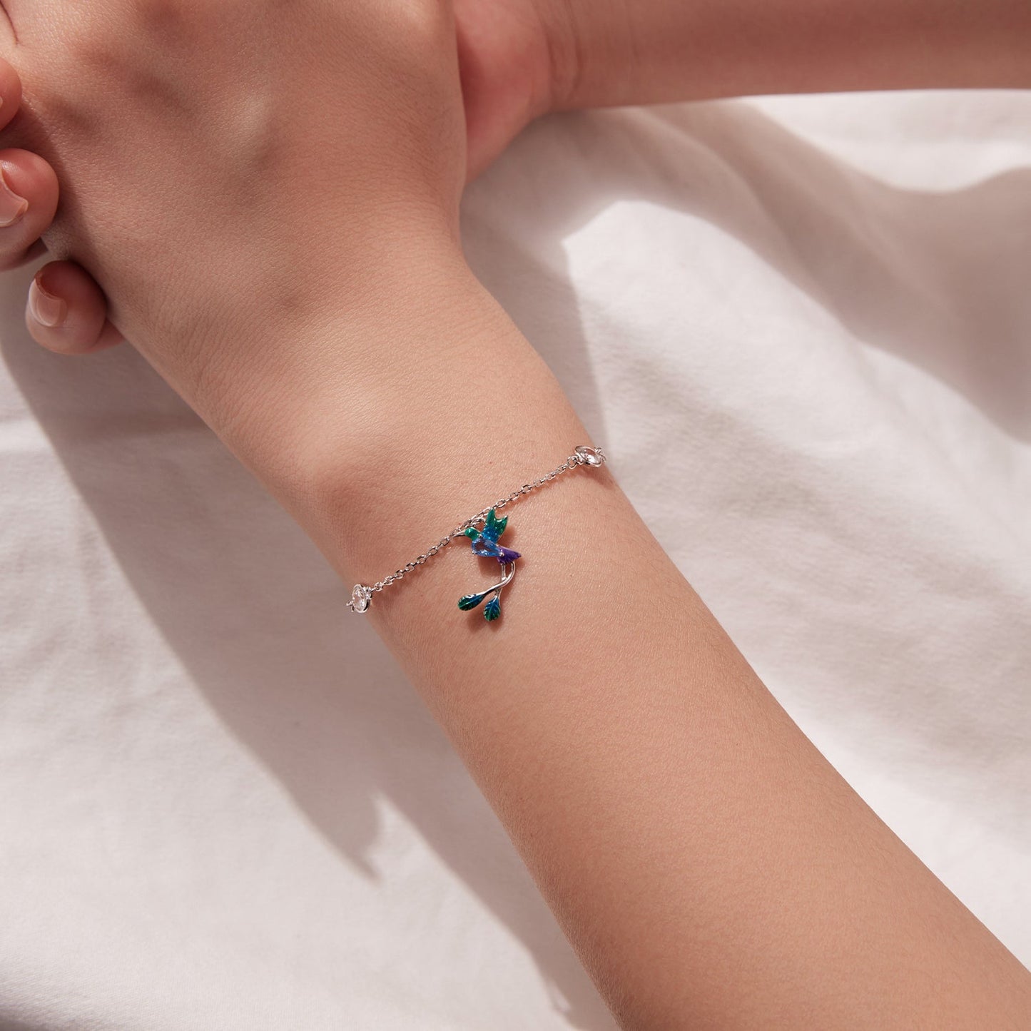 925 Sterling Silver Enamel Pavé CZ White Gold Bracelet for Women 15+6cm
