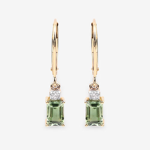 1.28 Carat Genuine Green Tourmaline and White Diamond 14K Yellow Gold Earrings