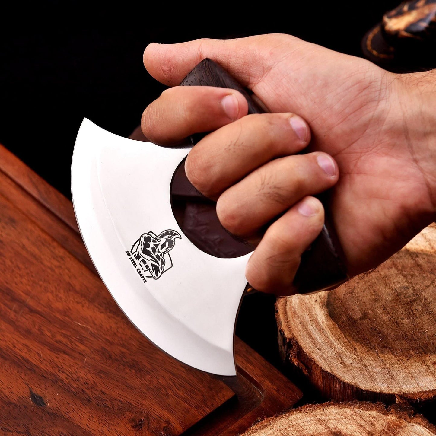 Handmade Stainless Steel Ulu Knife โ Wenge Wood Handle | 5.5โ Blade | Mosaic Pin | JW SteelCrafts