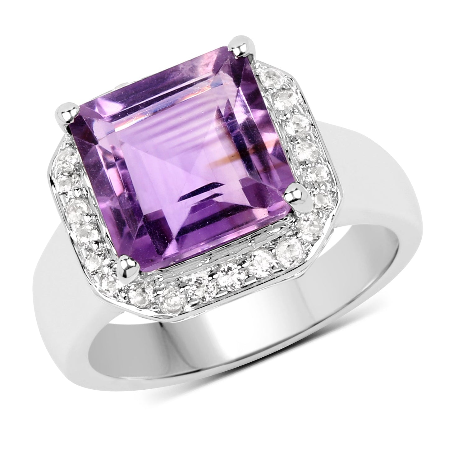4.42 Carat Genuine Amethyst and White Topaz .925 Sterling Silver Ring