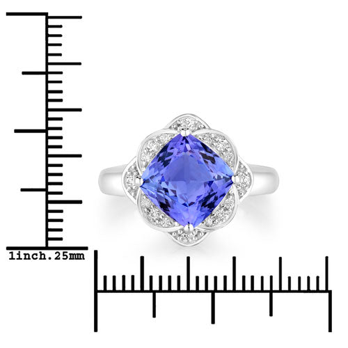 3.51 Carat Genuine Tanzanite and White Diamond 14K White Gold Ring