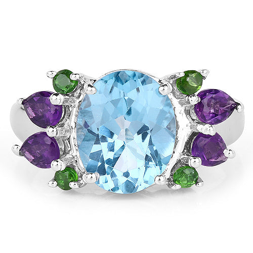 4.00 Carat Genuine Swiss Blue Topaz, Chrome Diopside & Amethyst .925 Sterling Silver Ring