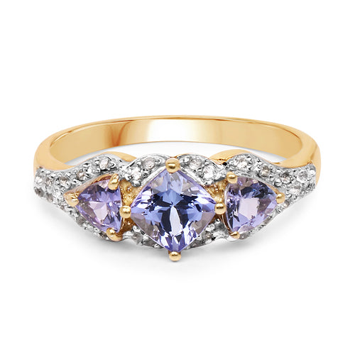 14K Yellow Gold Plated 1.20 Carat Genuine Tanzanite & White Topaz .925 Sterling Silver Ring