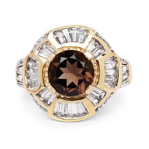 14K Yellow Gold Plated 4.18 Carat Genuine Smoky Quartz & White Topaz .925 Sterling Silver Ring