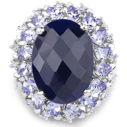 17.81 Carat Dyed Sapphire and Tanzanite .925 Sterling Silver Ring