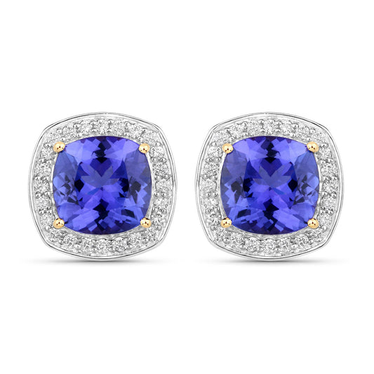 5.98 Carat Genuine Tanzanite and White Diamond 14K Yellow Gold Earrings