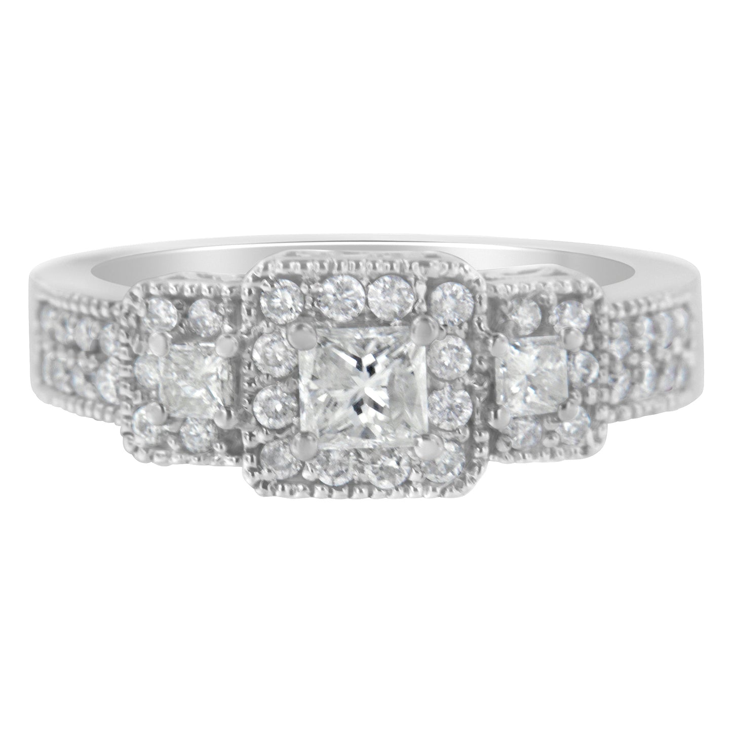 14K White Gold Round and Princess-Cut Diamond Three Stone Ring (1 Cttw, H-I Color, I1-I2 Clarity) - Size 7